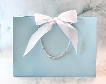 May include: A light blue gift bag with a white satin bow and a white rope handle.