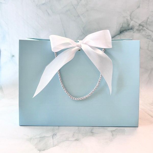 Elegant Large Light Blue Gift Bag, Wide White Satin Ribbon and White Cords 17" x 12-1/2” x 5-1/2 inch for Gift Gifting