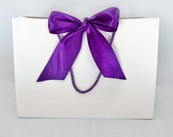 White Gift Bag Wide Purple Ribbon, 11x7.75x4 inch