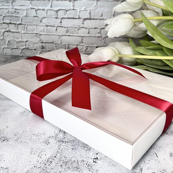 3 Boxes - Long Clear Top Lid White Gift Box 18x11x2 inch for Gift Gifting