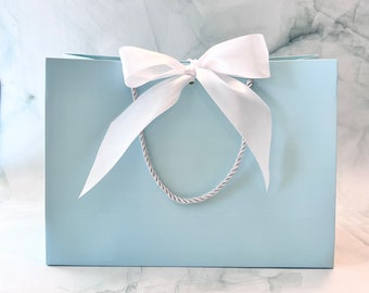 Elegant Light Blue Gift Bags Wide White Satin Ribbon and White Cords 11" x 7-3/4" x 4" for Gift Gifting, Birthdays, Wedding