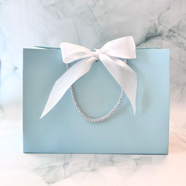 Elegant Light Blue Gift Bags with Wide White,Blue,or Gold Satin Ribbon and White Cords 11" x 7-3/4" x 4" Gift Gifting, Birthdays, Wedding