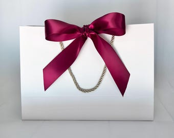 White Gift Bags Wine Color Wide Ribbon 11x7.75x4 inch