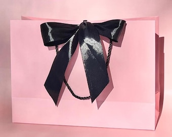 Pink Gift Bags with Wide Black Satin Ribbon and Cords, 11x7.75x4 inch