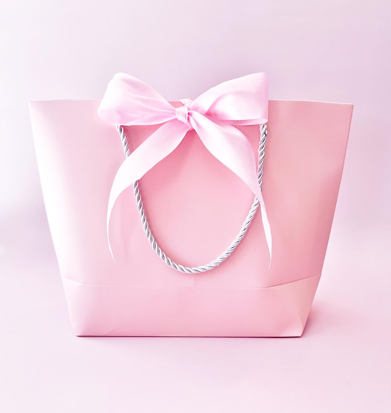 May include: A light pink gift bag with a matching pink satin bow. The bag has silver rope handles. The background is a solid light pink color. This gift bag is suitable for various occasions.