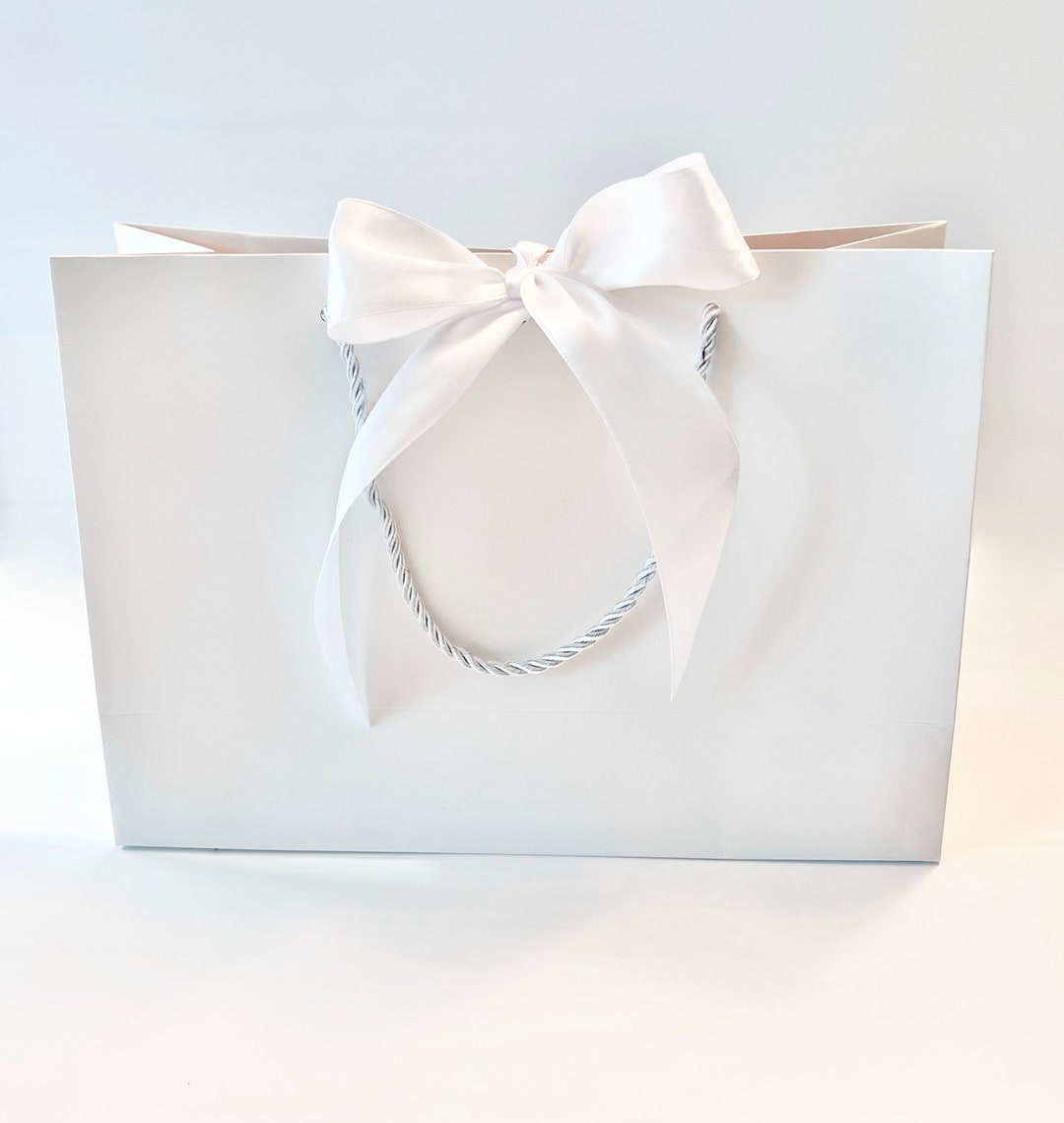Elegant White Gift Bag With Wide White Ribbon and Cords 11 X 73/4 X 4