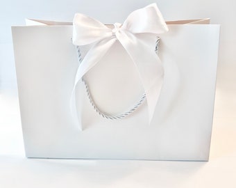 Elegant White Gift Bag with Wide White Ribbon and Cords 11" x 7-3/4" x 4" inch for Gift Gifting, Birthdays, Wedding