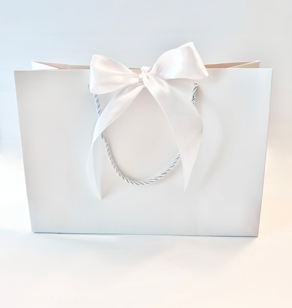 Elegant White Gift Bag White Satin Ribbon and White Cords 10-1/2 X 7-1/2 X  3-1/2 Inch for Gift Gifting, Birthday, Wedding 