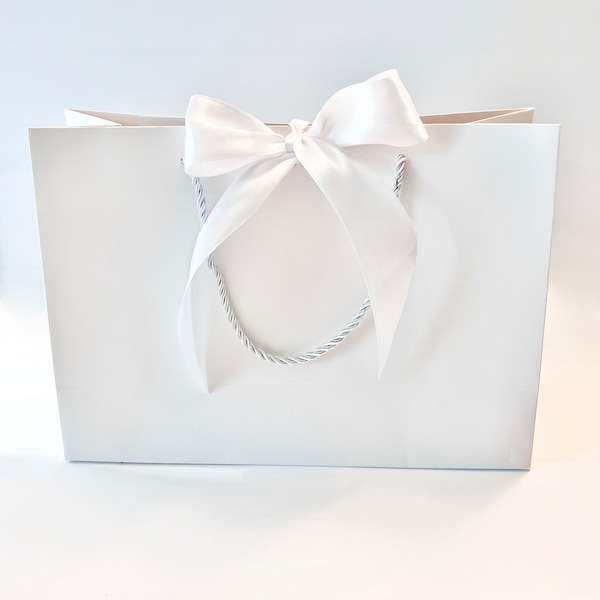 2 Bags - Elegant White Gift Bag with Wide White Ribbon and Cords 11" x 7-3/4" x 4" inch for Gift Gifting, Birthdays, Wedding