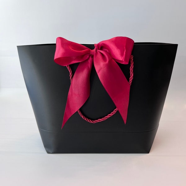 Elegant Black Gift Bag with Red or Hot Pink with Wide Satin Ribbon, Cord Handles 10-1/2"x 7-3/4"x 3-1/2" inch for Gift Gifting, Birthdays