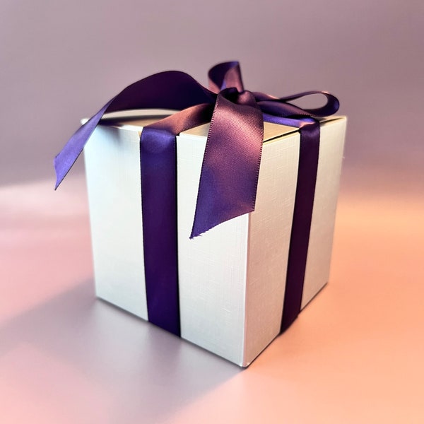 5 Boxes - Silver Metallic Texture with Ribbon Gift Box 4x4x4 inch for Gift Gifting, Wedding, Birthdays (Ribbon in Silver, Purple, White)