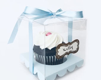12 Boxes - Light Blue Cupcake Box for any Occasion 3.5x3.5", Gift Gifting, Party, Wedding, Cupcake Boxes includes Ribbon, Insert, and Label