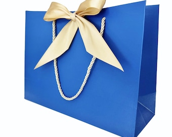 2 Bags - Royal Blue Gift Bag with Gold Satin Ribbon 17x12.5x5.5 inch