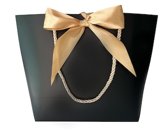 Elegant Black Gift Bag 10-1/2” x 7-3/4” x 3-1/2” Gold Cord Rope Handle, Wide Satin Gold Ribbon for Gift Gifting, Birthdays, Wedding