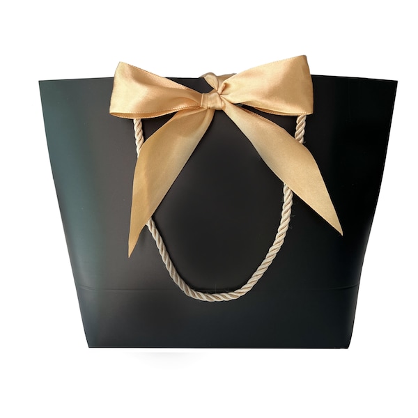 Elegant Black Gift Bag 10-1/2” x 7-3/4” x 3-1/2” Gold Cord Rope Handle, Wide Satin Gold Ribbon for Gift Gifting, Birthdays, Wedding