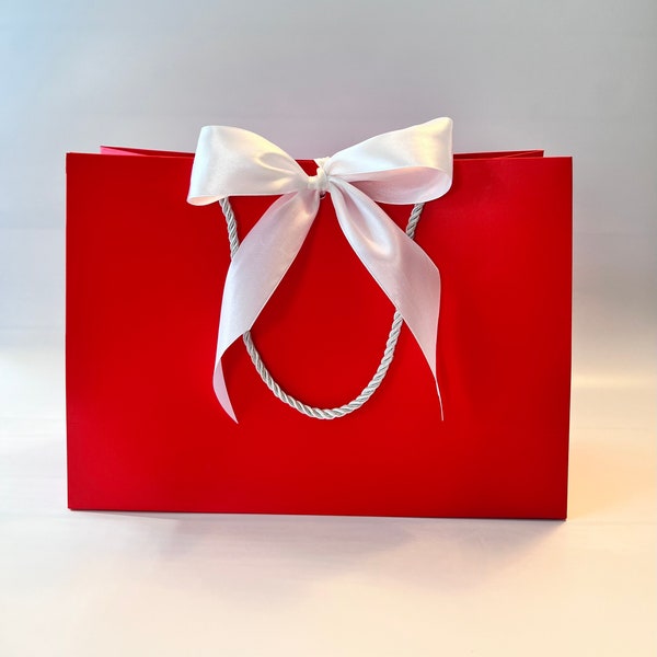 Elegant Red Large Gift Bag Wide White, Gold, Black Satin Ribbon 17” x 12-1/2” x 5-1/2 inch for Gift Gifting, Birthdays,Wedding