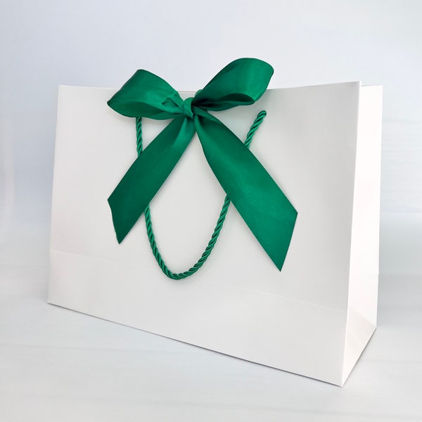 Elegant White Large Gift Bag 17" x 12-1/2” x 5-1/2 inch, Emerald Green Satin Ribbon & Green Cord Handles for Gift Gifting, Birthday, Wedding