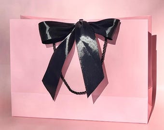 Pink Gift Bag with Wide Black Satin Ribbon and Cords (13.75x11.75 4-1/8"inch)