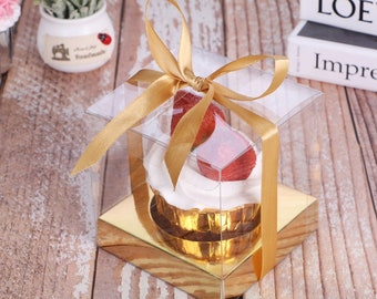 10 Metallic Gold Clear Cupcake Gift Boxes includes Cupcake Insert and Gold Ribbon for Gift Gifting, Party, Wedding