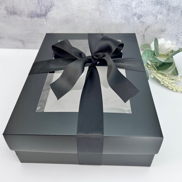 2 Boxes - Elegant Black Gift Box with Clear Center Top Lid 12x9x3.75 inch (LxWxH) Boxes for Gift Gifting, Wedding, Birthday
