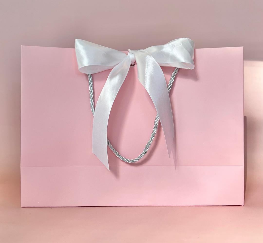 Pink Gift Bag With White Wide Satin Ribbon and Cords 13.75x11.75x4