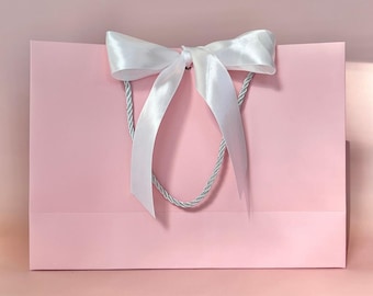 Pink Gift Bag with White Wide Satin Ribbon and Cords 13.75x11.75x4-1/8 inch