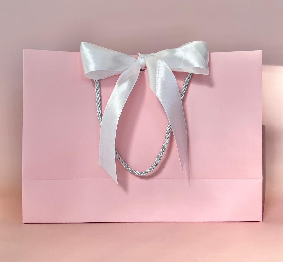 Pink Gift Bag With White Wide Satin Ribbon and Cords 13.75x11.75x4