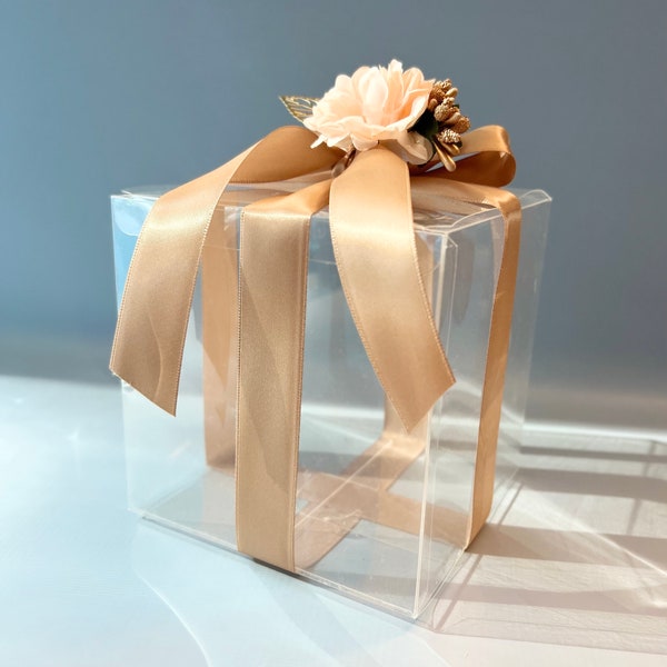 2 Boxes - Gold Satin Clear Box with Rose Gold Flower Decoration and Flat Gold Insert, 6x6x6 inch - Gift Boxes For Gift Gifting