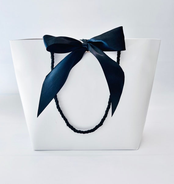 Elegant White Gift Bag Wide Black Ribbon & Black Cords 13-3/4 X 11-3/4 X  4-1/8 Inch for Gift Gifting 