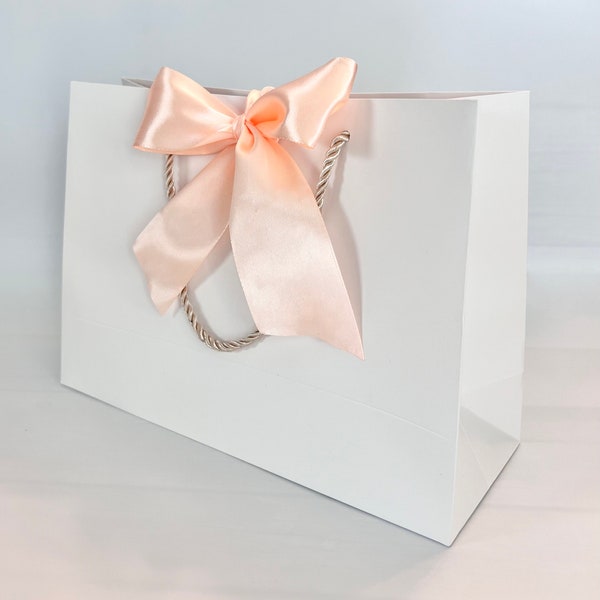 White Gift Bag 11" x 7-3/4" x 4" Extra Wide 2" Satin Pink Champagne Ribbon for Gift Gifting, Birthdays, Corporate Events