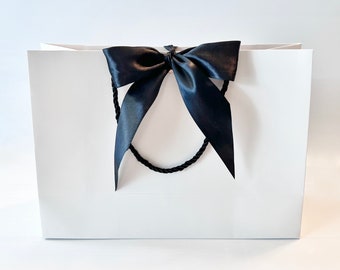 Elegant White Gift Bag Wide Black Satin Ribbon and Black Cords 11" x 7-3/4" x 4" for Gift Gifting, Birthdays, Wedding