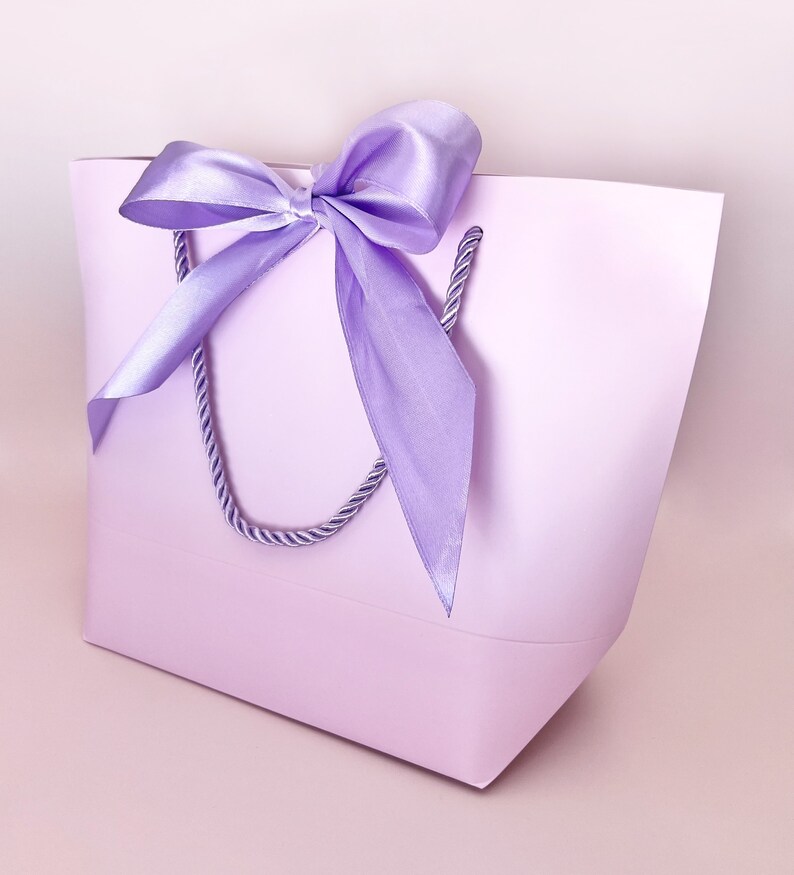 May include: A light purple gift bag with a matching satin bow. The bag has rope handles with silver accents. The bag is a solid color and is empty. The bow is tied at the top of the bag.