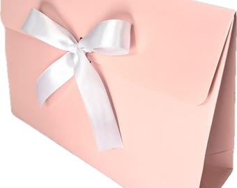 Shimmer Pink Color Gift Bag with Close Lid - Assorted Color Ribbons, 11x8x3.5 inch