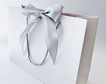Elegant White Gift Bag with Silver Cord and Wide Silver Ribbon 11" x 7-3/4" x 4" inch for Gift Gifting, Birthdays, Wedding