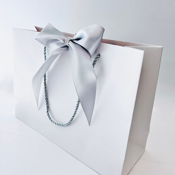 Elegant White Gift Bag with Silver Cord and Wide Silver Ribbon 11" x 7-3/4" x 4" inch for Gift Gifting, Birthdays, Wedding