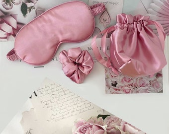 3PC Soft Silk Satin Sleep Eye Mask Set Includes Eyemask, Gusset Pouch, and Headband in a Gift Box - Night Sleeping Eyemask in Rose