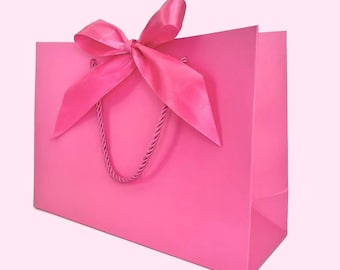 2 Bags - Elegant Hot Pink Gift Bag 11" x 7-3/4" x 4" Hot Pink Ribbon & Matching Color Cord Handles for Gift Gifting, Birthdays, Party