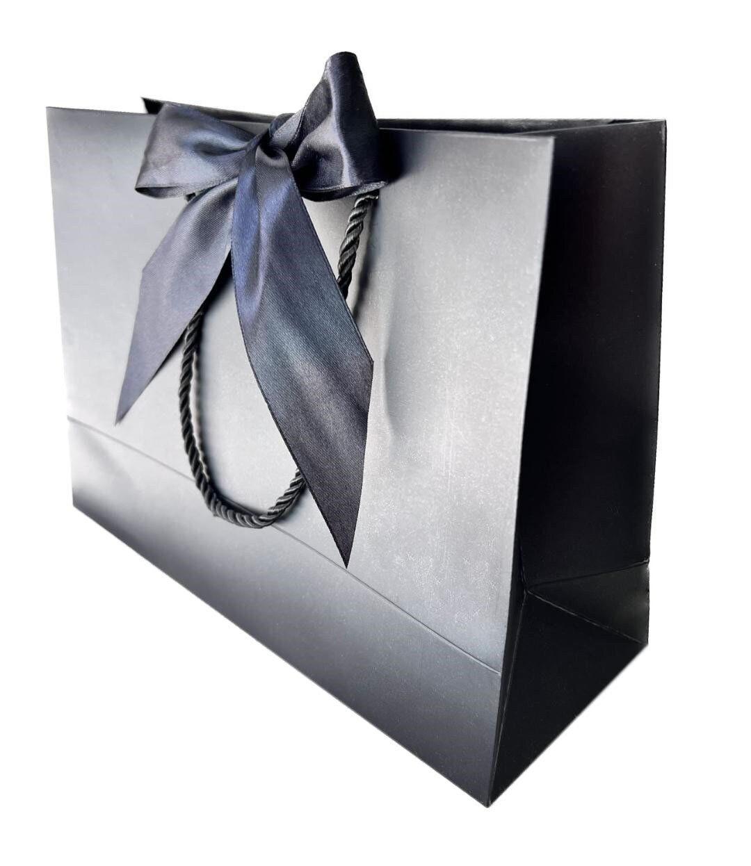 Black Gift Bag 11 X 7-3/4 X 4 Wide Satin Black Ribbon & Black Cord Handles  for Gift Gifting, Birthdays, Corporate Events 