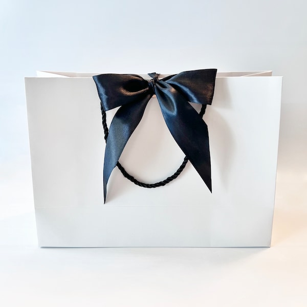 Elegant White Gift Bag Wide Black Ribbon & Black Cords 13-3/4" x 11-3/4" x 4-1/8" inch for Gift Gifting