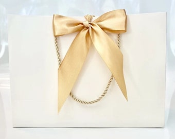 White Gift Bag Wide Gold Satin Ribbon (13.75x11.75 4-1/8 inch)