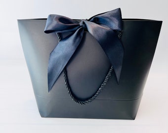 Elegant Black Gift Bag with Black Cords and Ribbon 10-1/2” x 7-3/4” x 3-1/2” for Gift Gifting, Birthdays, Wedding