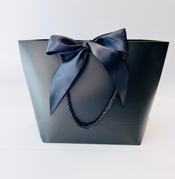 Elegant Black Gift Bag With Black Cords and Ribbon 10-1/2 X 7-3/4 X 3-1/2  for Gift Gifting, Birthdays, Wedding 