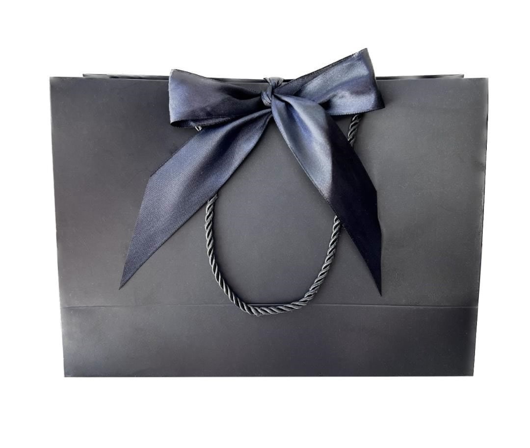 Elegant Black Gift Bag With Black Cords and Ribbon 10-1/2 X 7-3/4 X 3-1/2  for Gift Gifting, Birthdays, Wedding 