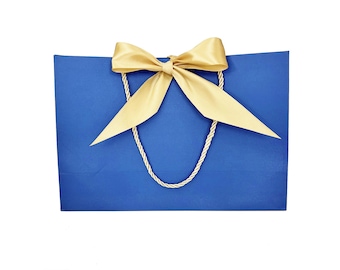 2 Bags - Royal Blue Gift Bag with Wide Gold Satin Ribbon, 11x7.75x4 inch