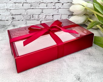 2 Boxes - Elegant Red Gift Box 11x7x2 inch Clear Tuck-in Top Lid for Gift Gifting, Wedding, Birthday