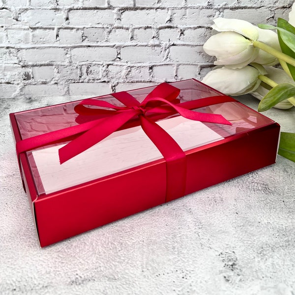 2 Boxes - Elegant Red Gift Box 11x7x2 inch Clear Tuck-in Top Lid for Gift Gifting, Wedding, Birthday