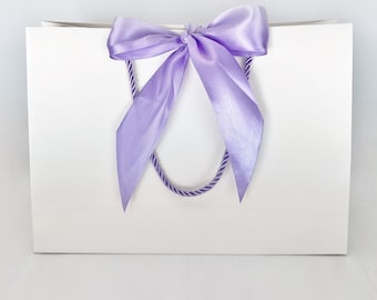White Gift Bag Light Purple Wide Satin Ribbon 11x7.75x4 inch