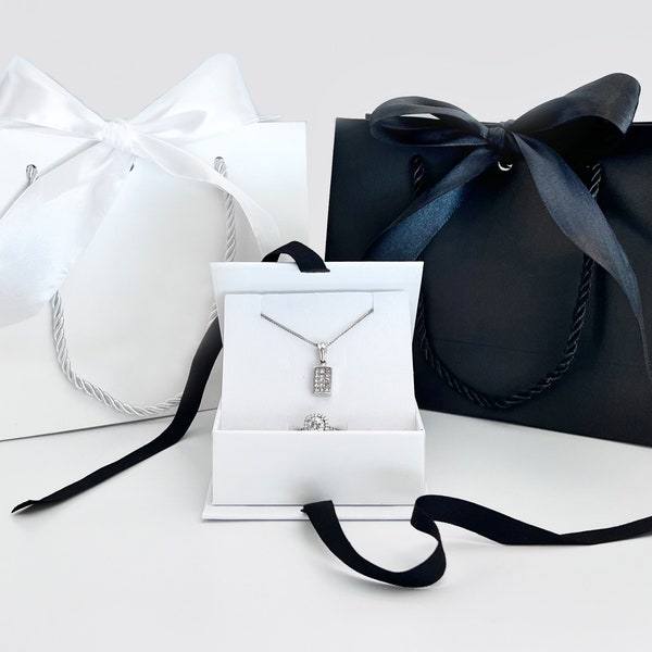 Elegant White Jewelry Hard Gift Box with White, Black, or Gold Ribbon & Wide Ribbon Gift Bag Set - For Necklace, Bracelet, Earrings, Ring