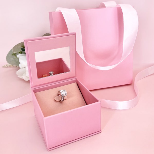 Pink Hard Gift Box with Mirror and Magnetic Closure, Matching Gift Bag - For Necklace, Bracelet, Earrings, Ring