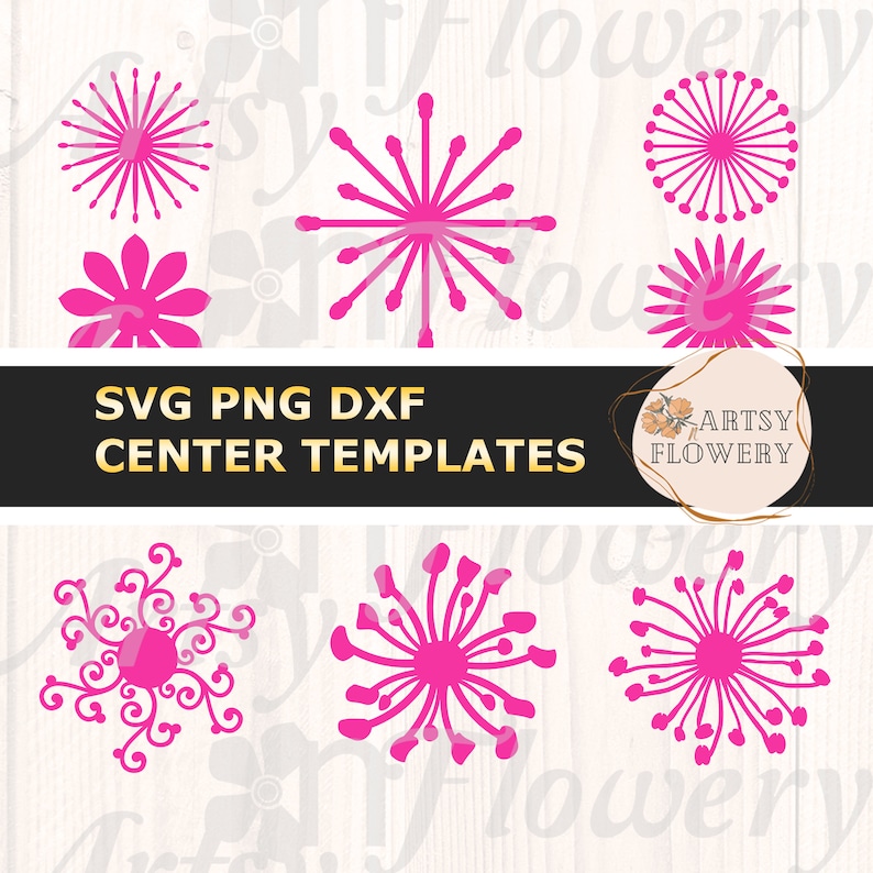 May include: A set of six pink SVG, PNG, and DXF center templates for crafting projects. The designs include a variety of flower shapes, including a simple flower, a starburst, and a more intricate design.